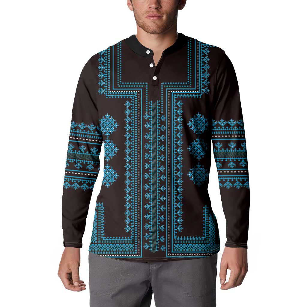 Button henley sweatshirt with dark base and bright blue geometric front motif, long sleeves.