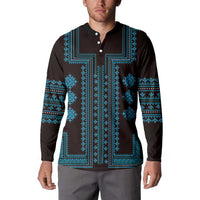 Button henley sweatshirt with dark base and bright blue geometric front motif, long sleeves.