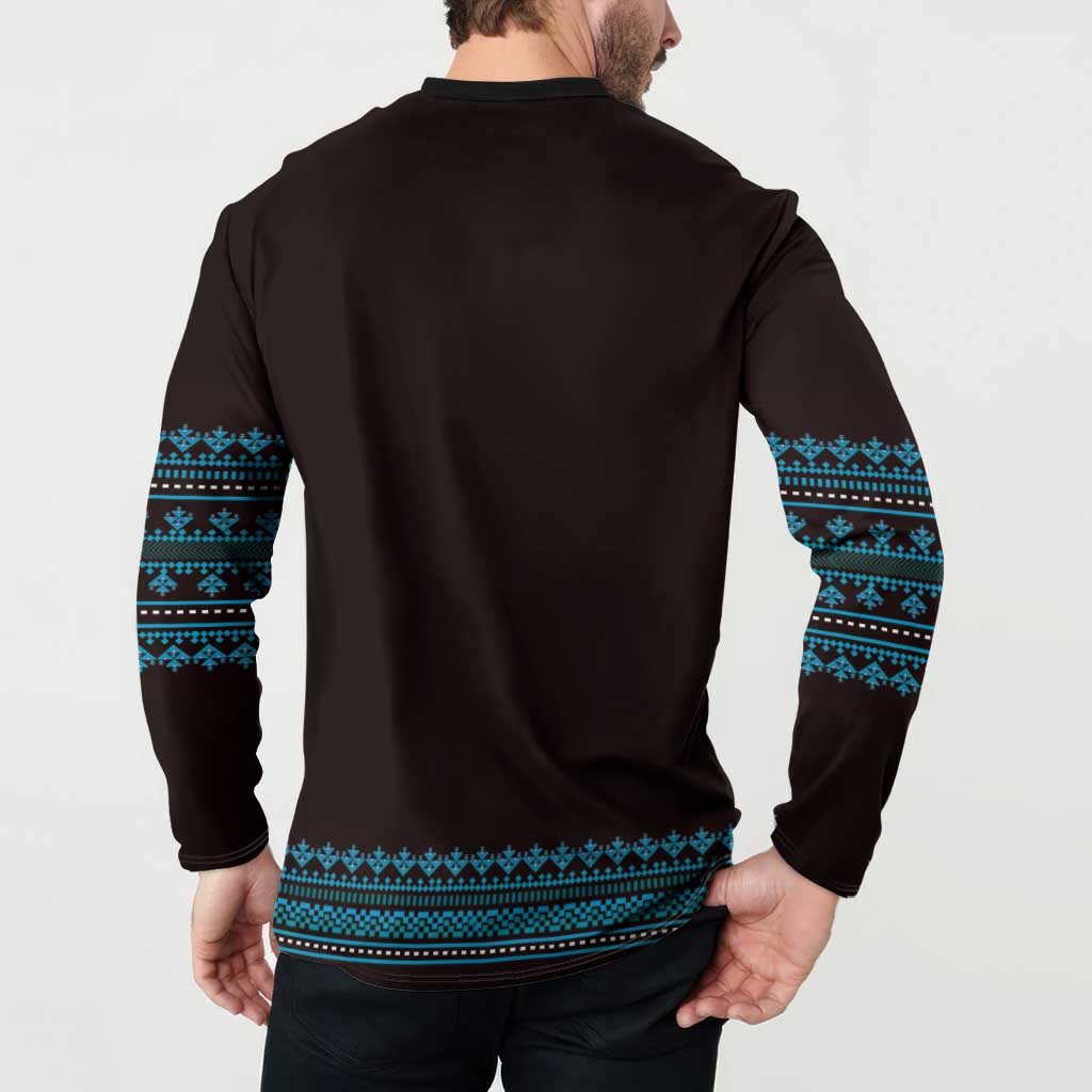 Back view button henley sweatshirt, dark fabric with blue geometric stripe at hem and sleeve cuffs.