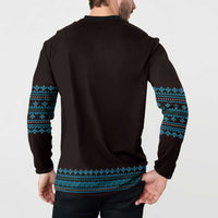 Back view button henley sweatshirt, dark fabric with blue geometric stripe at hem and sleeve cuffs.