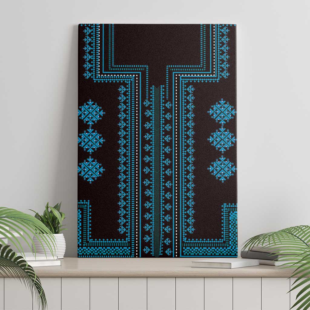 Blue canvas wall art with geometric Balkan design, teal details on dark background