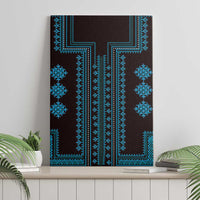 Blue canvas wall art with geometric Balkan design, teal details on dark background