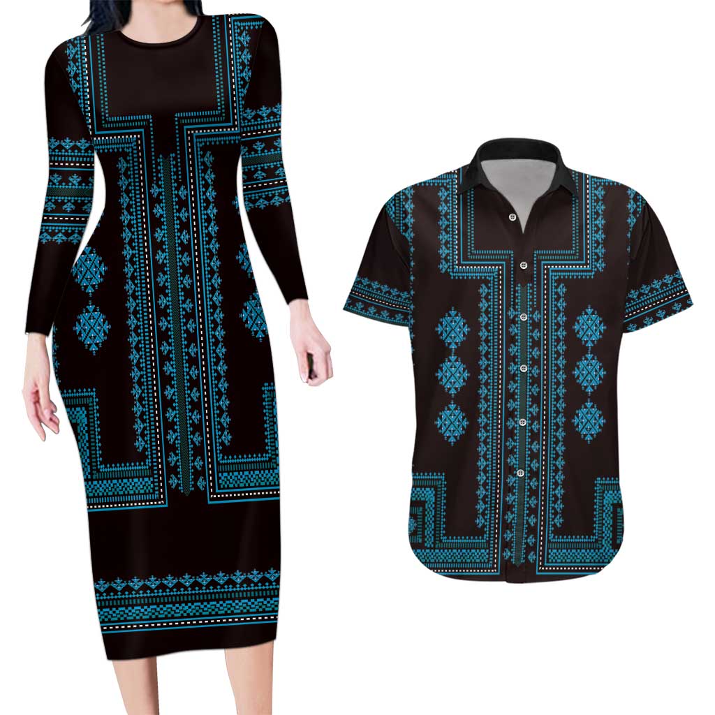 Bulgaria Traditional Pattern Blue Couples Matching Long Sleeve Bodycon Dress and Hawaiian Shirt Balkan Culture - Wonder Print Shop