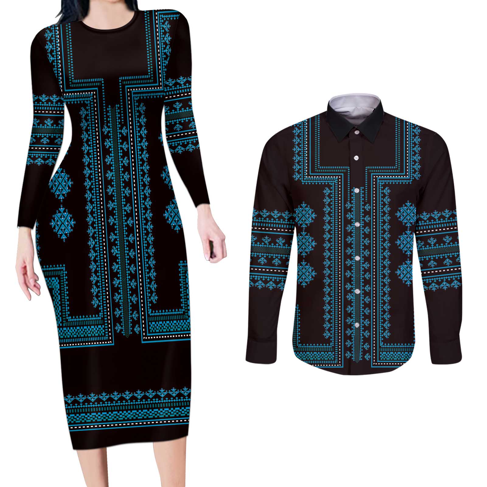 Bulgaria Traditional Pattern Blue Couples Matching Long Sleeve Bodycon Dress and Long Sleeve Button Shirt Balkan Culture - Wonder Print Shop