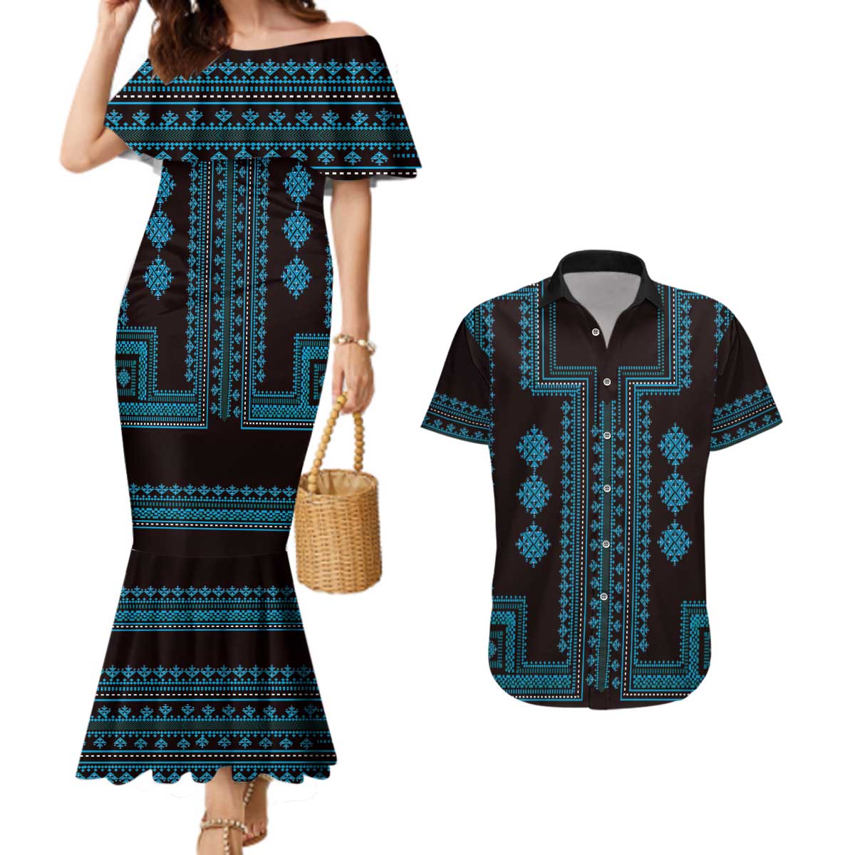 Bulgaria Traditional Pattern Blue Couples Matching Mermaid Dress and Hawaiian Shirt Balkan Culture - Wonder Print Shop