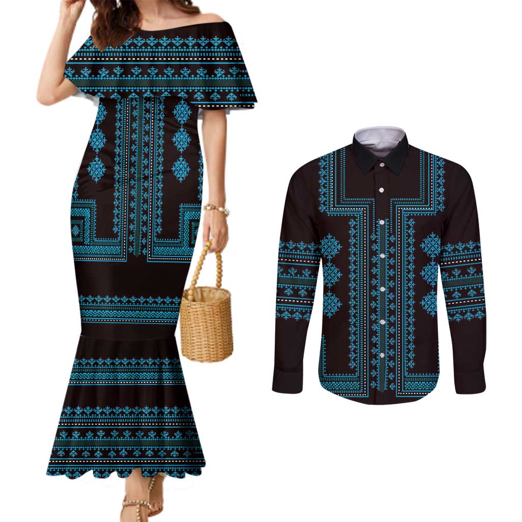 Bulgaria Traditional Pattern Blue Couples Matching Mermaid Dress and Long Sleeve Button Shirt Balkan Culture