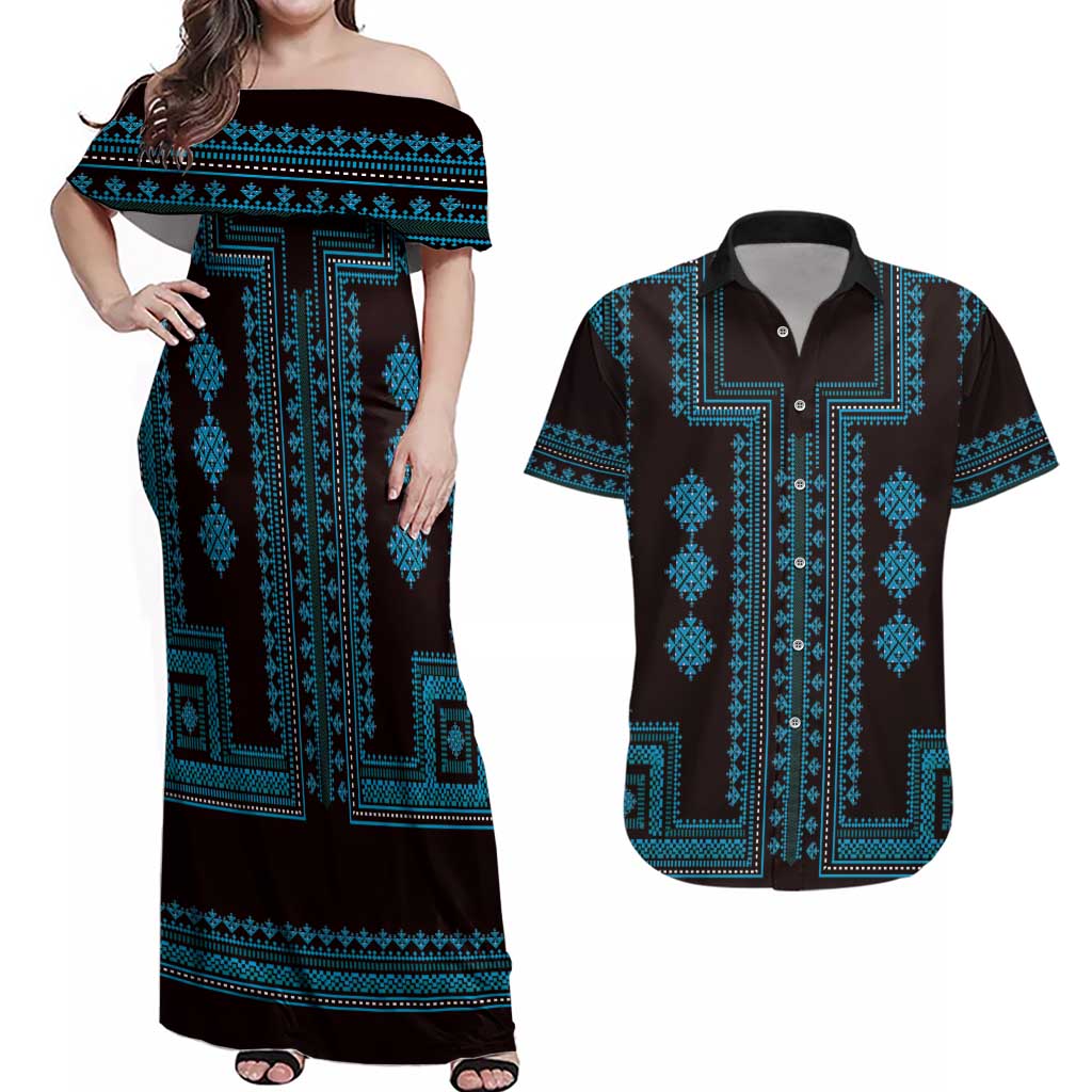 Bulgaria Traditional Pattern Blue Couples Matching Off Shoulder Maxi Dress and Hawaiian Shirt Balkan Culture - Wonder Print Shop