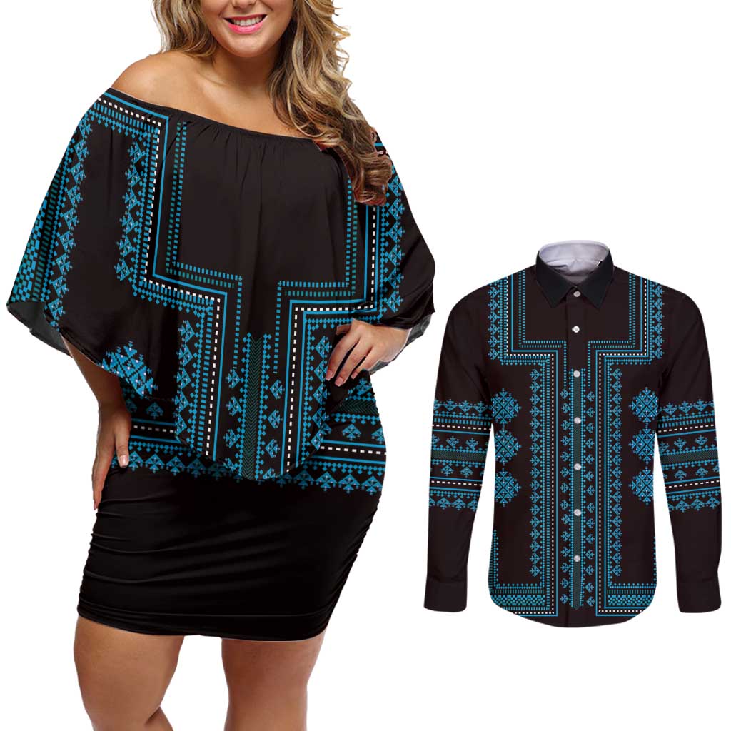 Bulgaria Traditional Pattern Blue Couples Matching Off Shoulder Short Dress and Long Sleeve Button Shirt Balkan Culture - Wonder Print Shop