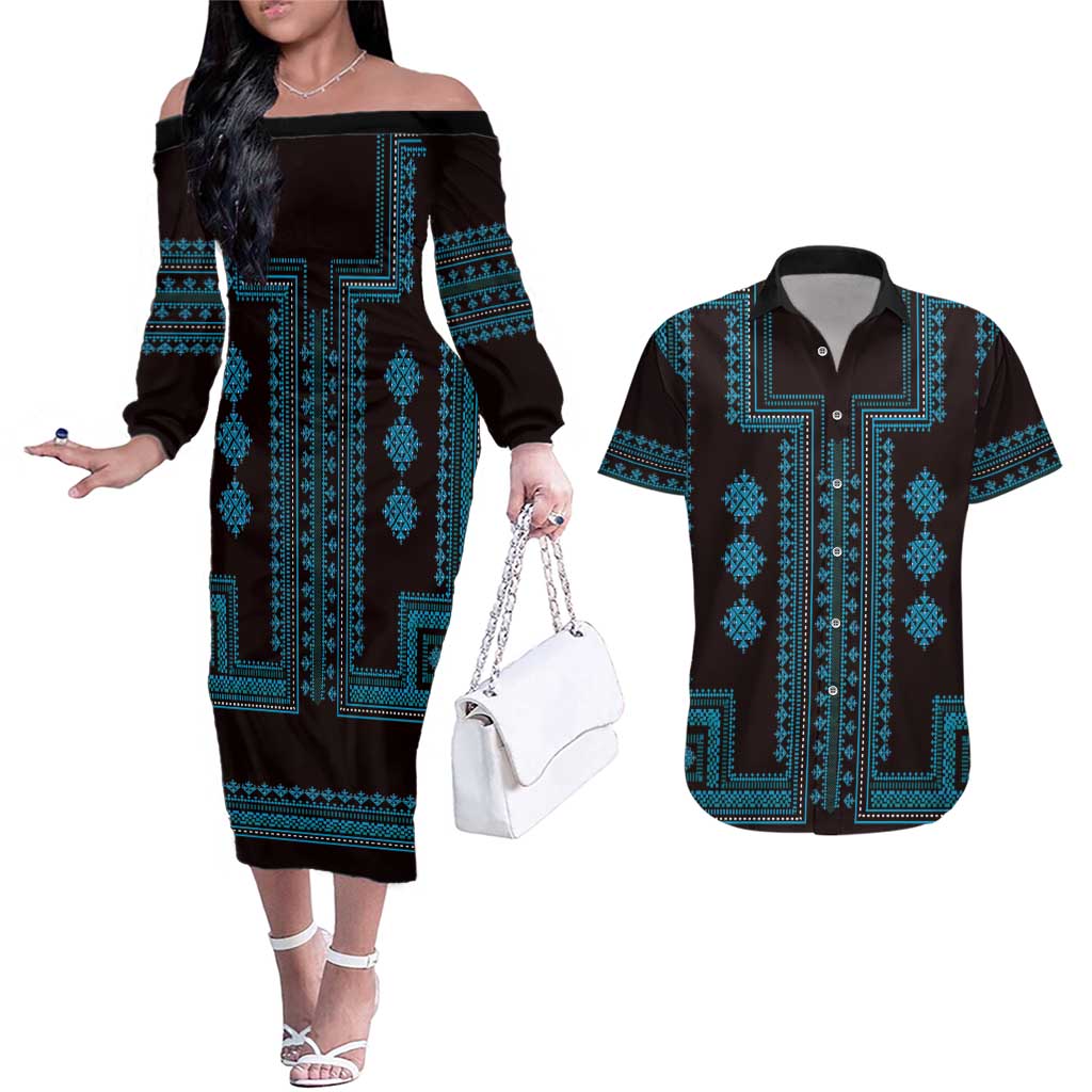 Bulgaria Traditional Pattern Blue Couples Matching Off The Shoulder Long Sleeve Dress and Hawaiian Shirt Balkan Culture - Wonder Print Shop