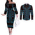 Bulgaria Traditional Pattern Blue Couples Matching Off The Shoulder Long Sleeve Dress and Long Sleeve Button Shirt Balkan Culture