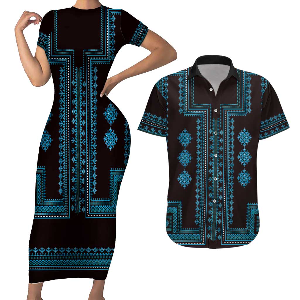 Bulgaria Traditional Pattern Blue Couples Matching Short Sleeve Bodycon Dress and Hawaiian Shirt Balkan Culture - Wonder Print Shop