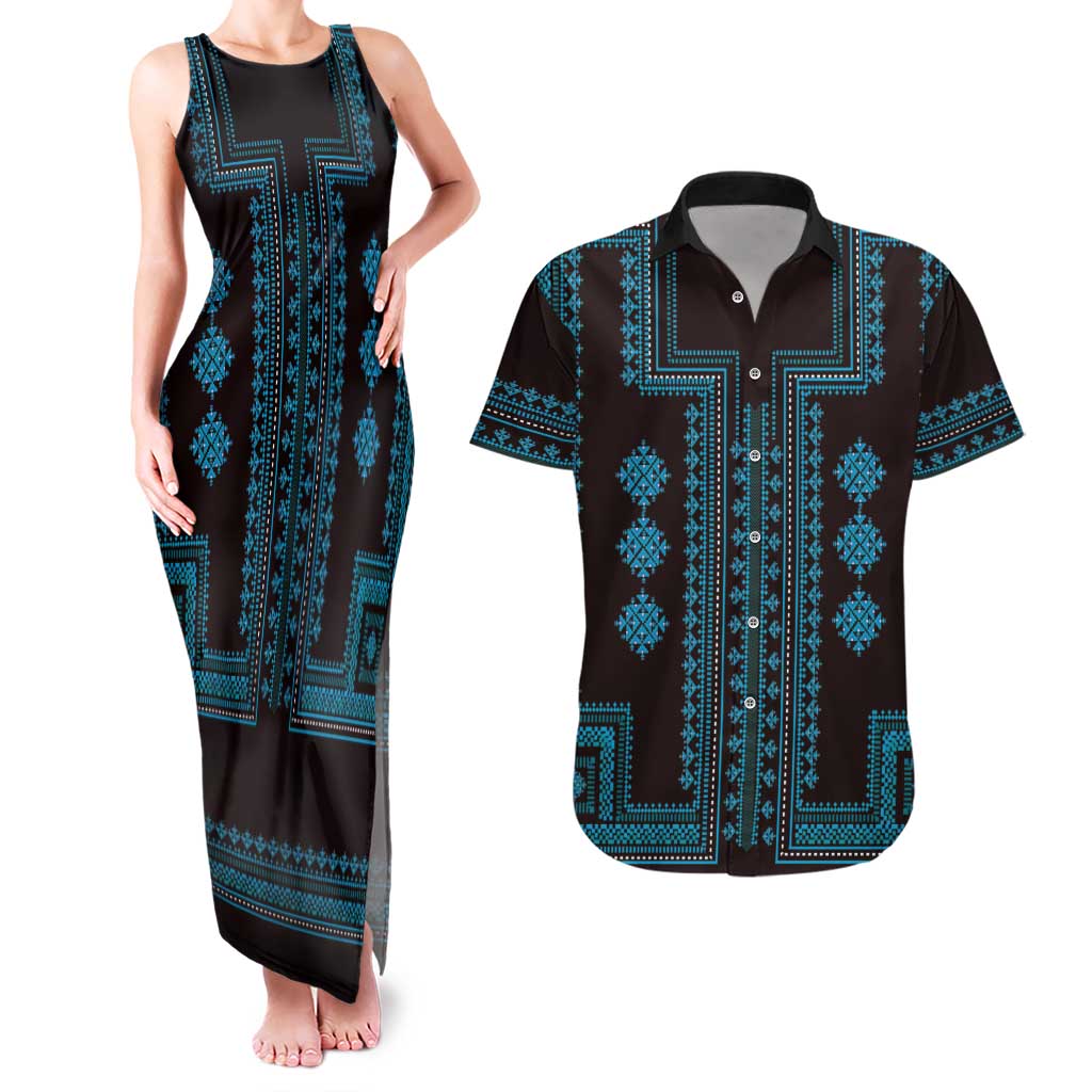 Bulgaria Traditional Pattern Blue Couples Matching Tank Maxi Dress and Hawaiian Shirt Balkan Culture - Wonder Print Shop