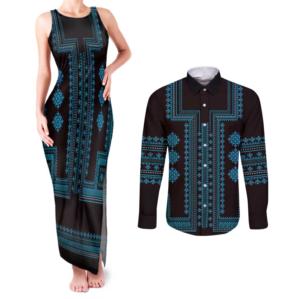 Bulgaria Traditional Pattern Blue Couples Matching Tank Maxi Dress and Long Sleeve Button Shirt Balkan Culture - Wonder Print Shop