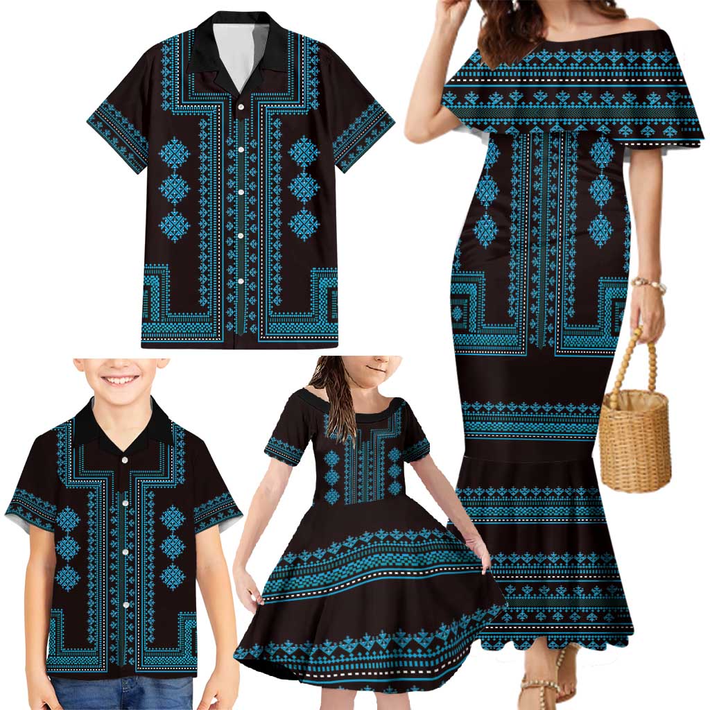 Bulgaria Traditional Pattern Blue Family Matching Mermaid Dress and Hawaiian Shirt Balkan Culture - Wonder Print Shop