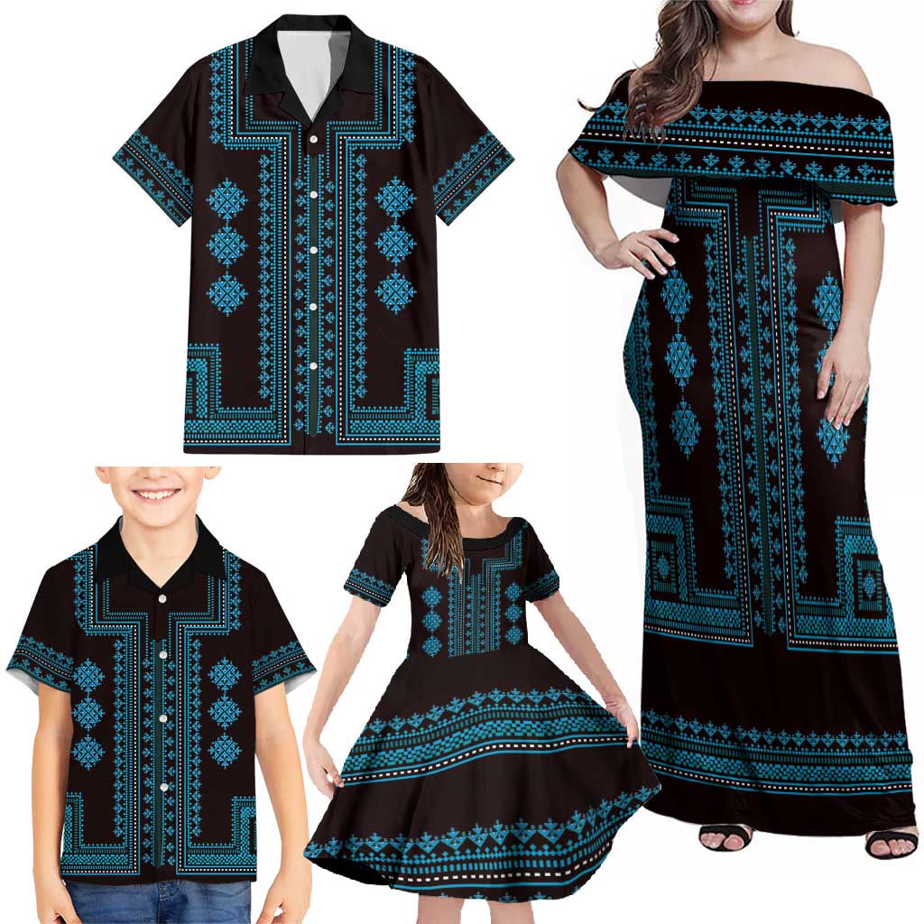 Bulgaria Traditional Pattern Blue Family Matching Off Shoulder Maxi Dress and Hawaiian Shirt Balkan Culture - Wonder Print Shop