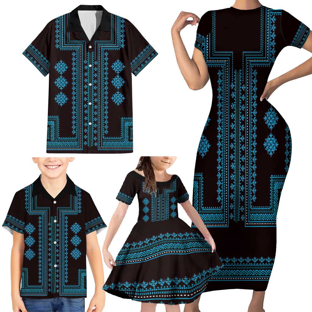 Bulgaria Traditional Pattern Blue Family Matching Short Sleeve Bodycon Dress and Hawaiian Shirt Balkan Culture - Wonder Print Shop