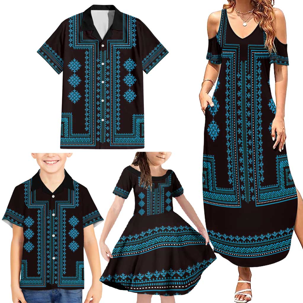 Bulgaria Traditional Pattern Blue Family Matching Summer Maxi Dress and Hawaiian Shirt Balkan Culture - Wonder Print Shop