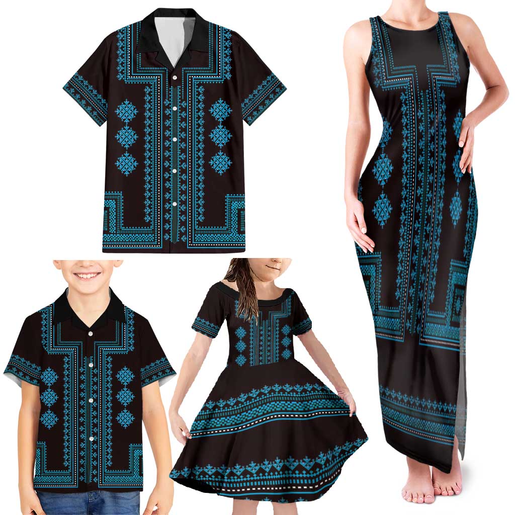 Bulgaria Traditional Pattern Blue Family Matching Tank Maxi Dress and Hawaiian Shirt Balkan Culture - Wonder Print Shop