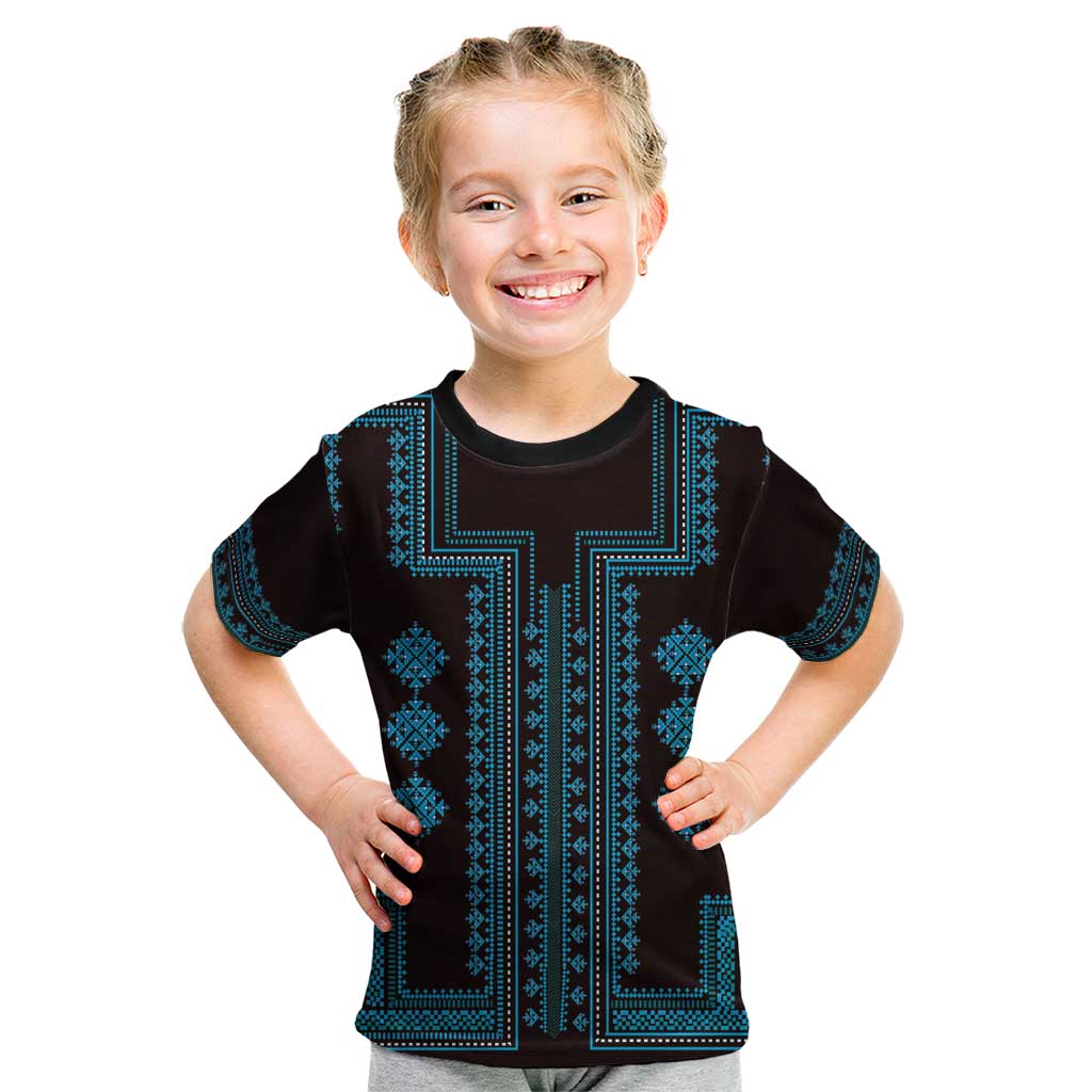 Bulgaria Traditional Pattern Blue Kid T Shirt Balkan Culture - Wonder Print Shop