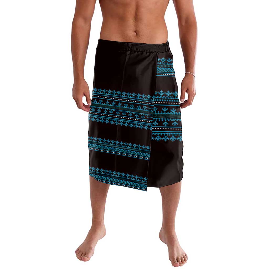 Men's black sarong shorts with blue and teal geometric stripe panel