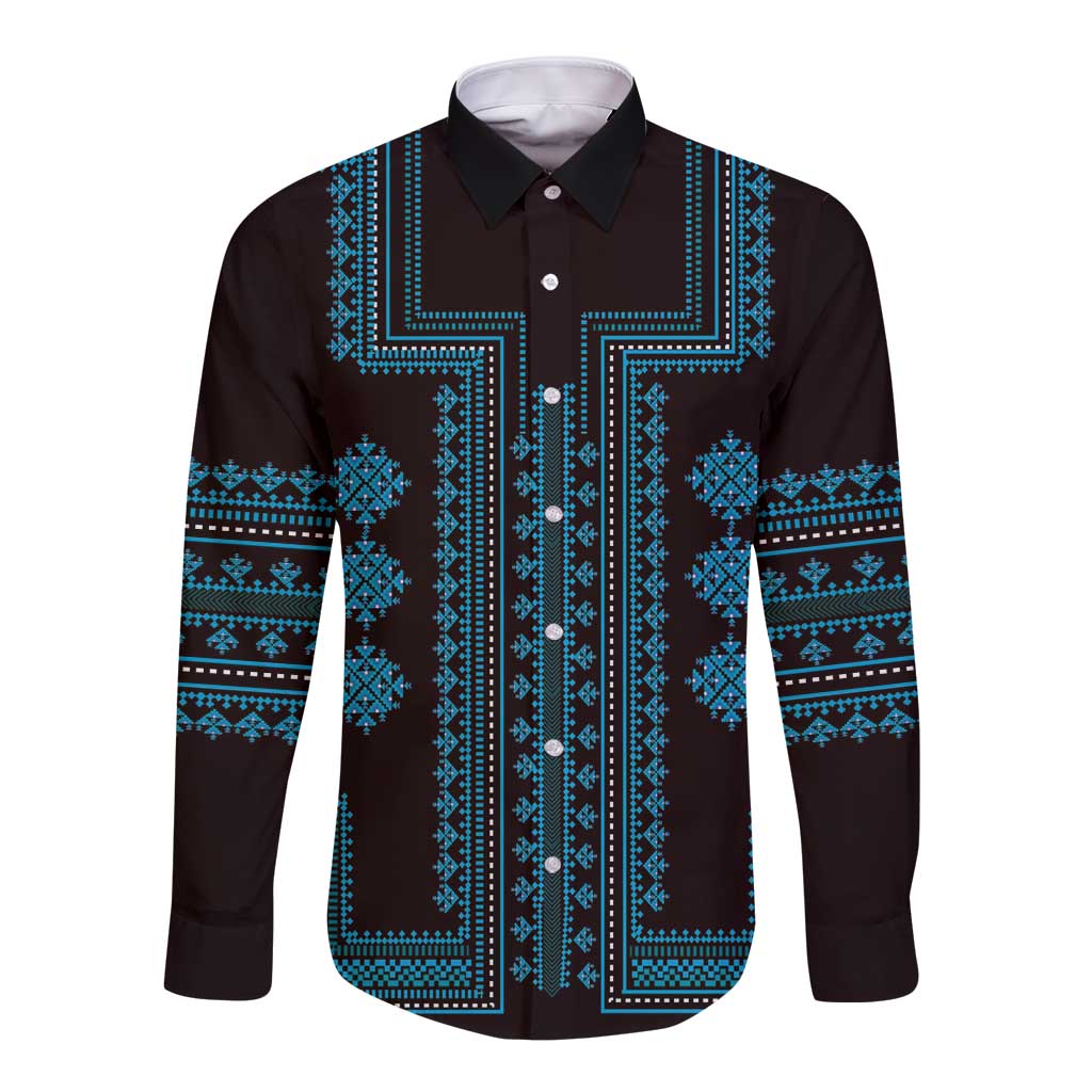 Traditional button shirt with blue folk pattern, long sleeves, stand collar, dark base