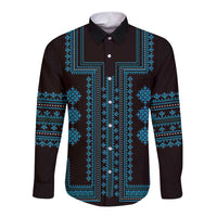 Traditional button shirt with blue folk pattern, long sleeves, stand collar, dark base