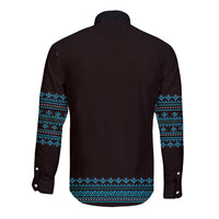 Back of traditional button shirt with blue folk bands on long sleeves, dark base