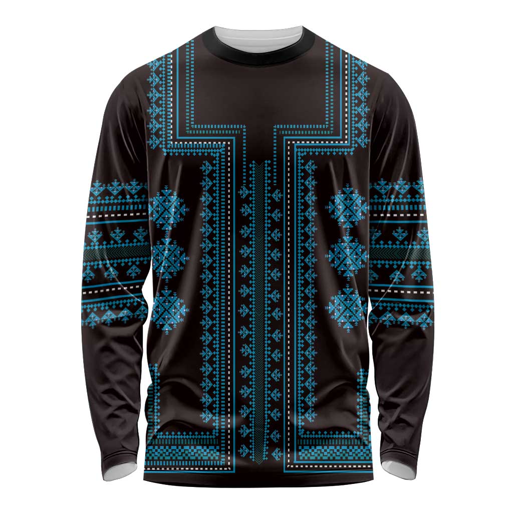 Bulgaria Traditional Pattern Blue Long Sleeve Shirt Balkan Culture - Wonder Print Shop