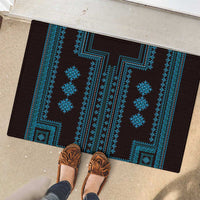 Black and blue geometric rubber doormat; decorative central panel with motifs