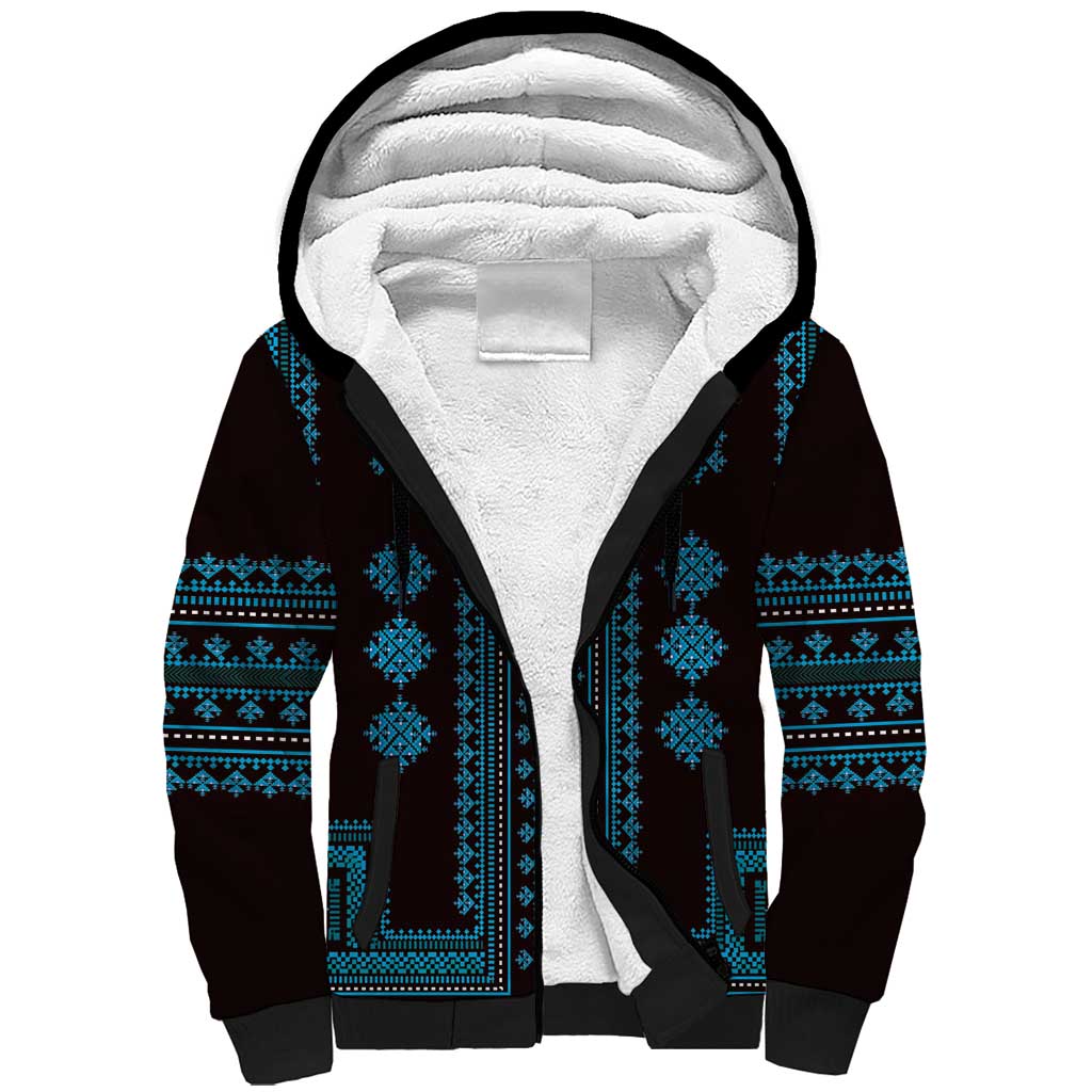 Bulgaria Traditional Pattern Blue Sherpa Hoodie Balkan Culture - Wonder Print Shop