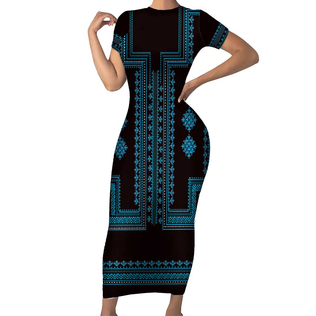 Bulgaria Traditional Pattern Blue Short Sleeve Bodycon Dress Balkan Culture - Wonder Print Shop