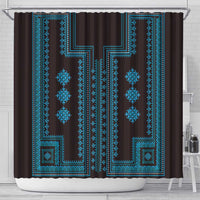 Blue and dark brown Balkan-style patterned shower curtain with geometric diamond motifs