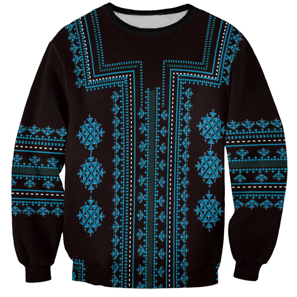 Unisex sweatshirt with dark base and bright blue geometric folk panel print, long sleeves