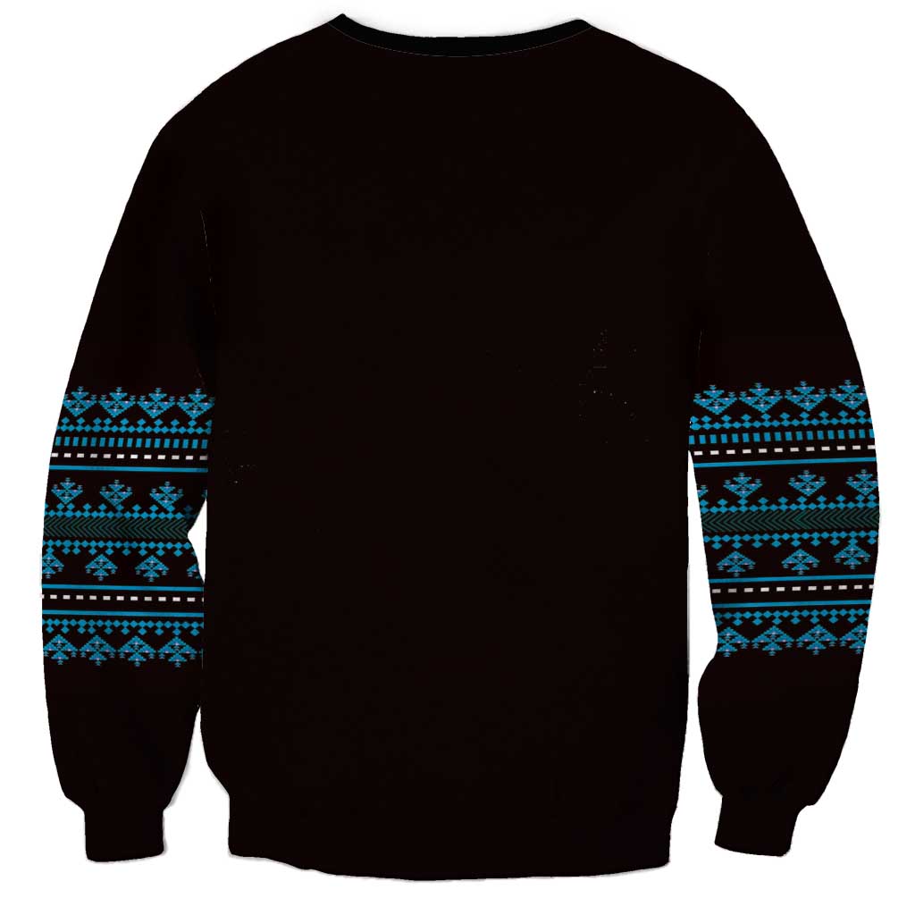 Unisex sweatshirt back in dark color with blue patterned cuffs and side stripe bands