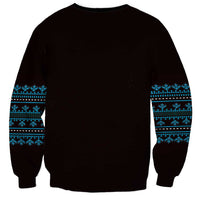 Unisex sweatshirt back in dark color with blue patterned cuffs and side stripe bands
