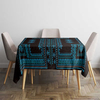Blue and black rectangular tablecloth with geometric square motifs