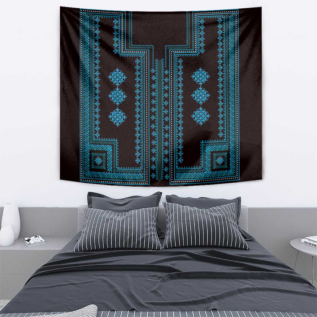 Traditional wall tapestry above bed, blue geometric pattern on dark fabric