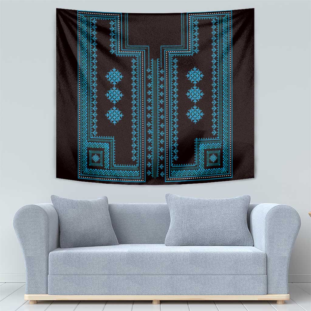 Traditional wall tapestry on blank wall, blue geometric figures on dark background