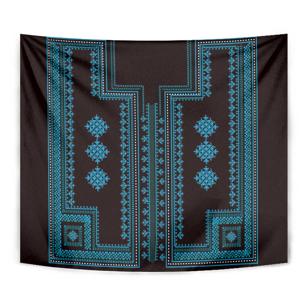 Traditional wall tapestry with blue geometric Balkan pattern on dark fabric