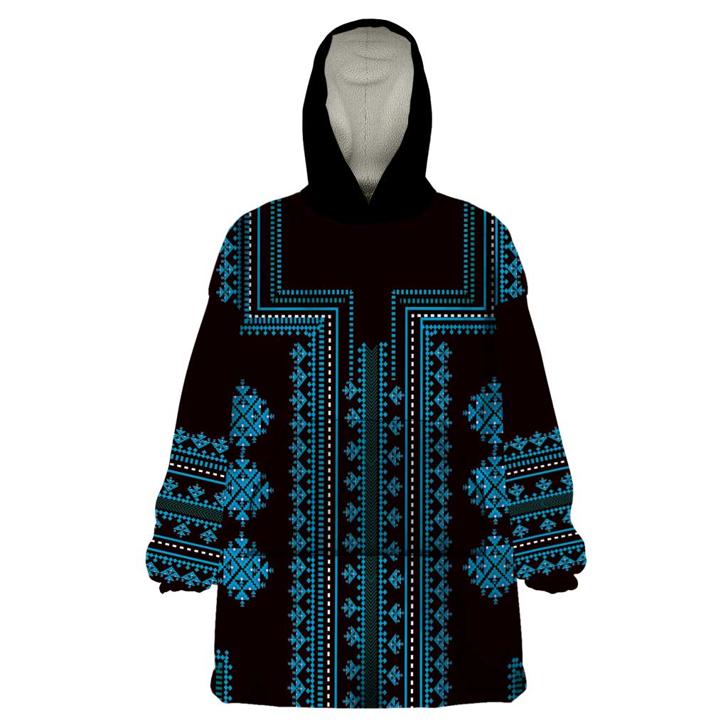 Bulgaria Traditional Pattern Blue Wearable Blanket Hoodie Balkan Culture - Wonder Print Shop