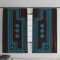 Pair of window curtain panels in dark brown with bold blue geometric border and motifs.