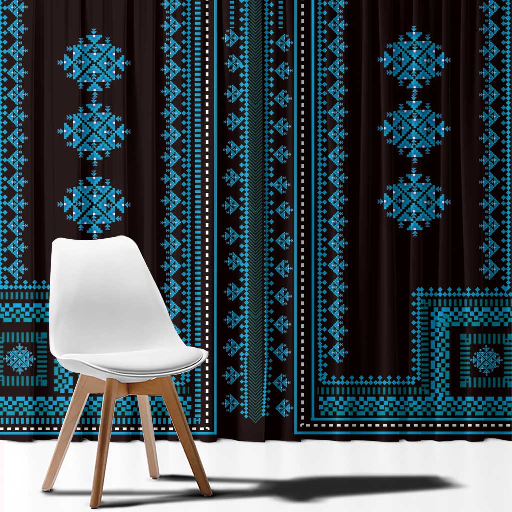 Window curtain panels with dark brown base and vertical blue diamond motif strips.