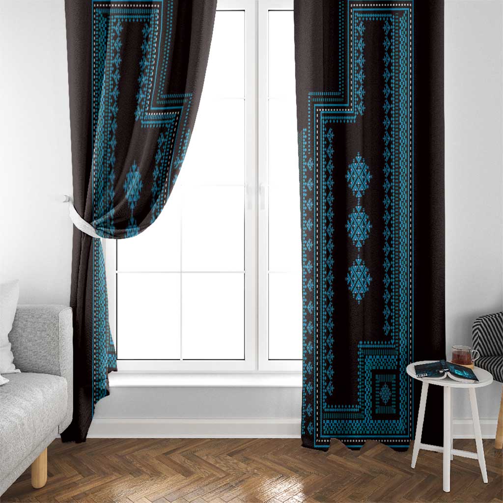 Pair of window curtains with dark brown fabric and blue geometric medallion border design.