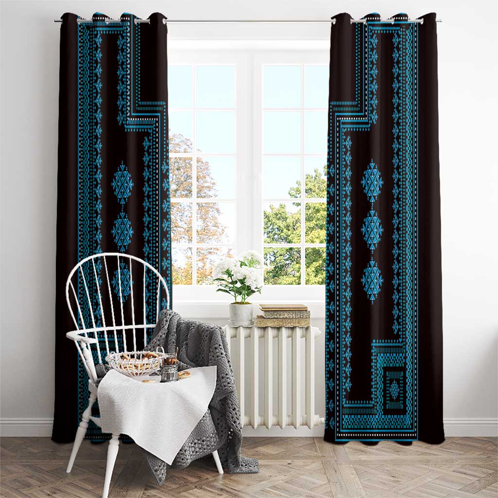 Window curtain pair with dark brown background and blue geometric column motif panels.
