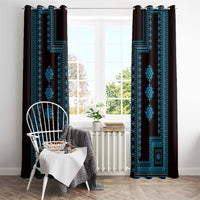 Window curtain pair with dark brown background and blue geometric column motif panels.