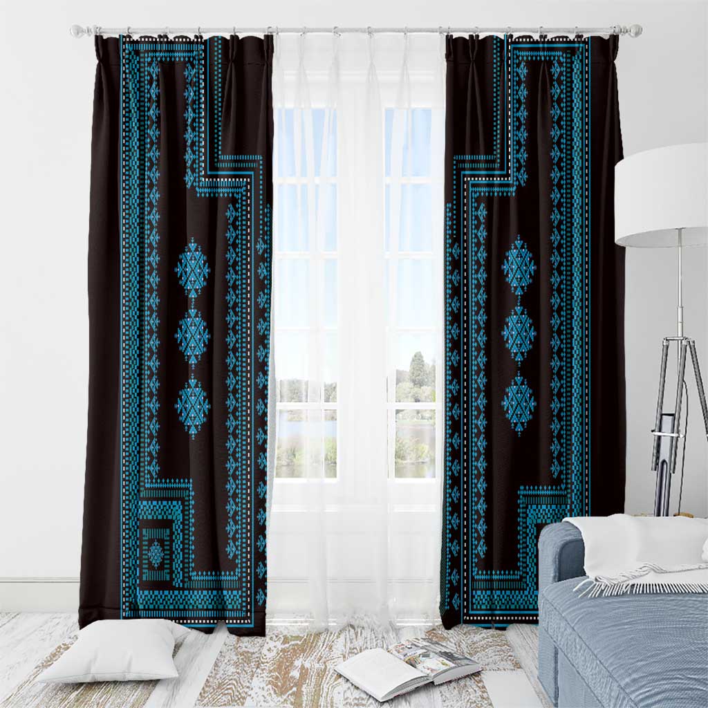 Pair of hanging window curtains in dark brown with blue geometric medallion stripe pattern.