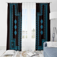 Pair of hanging window curtains in dark brown with blue geometric medallion stripe pattern.