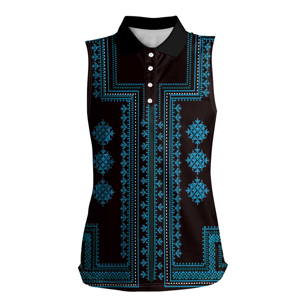 Bulgaria Traditional Pattern Blue Women Sleeveless Polo Shirt Balkan Culture - Wonder Print Shop