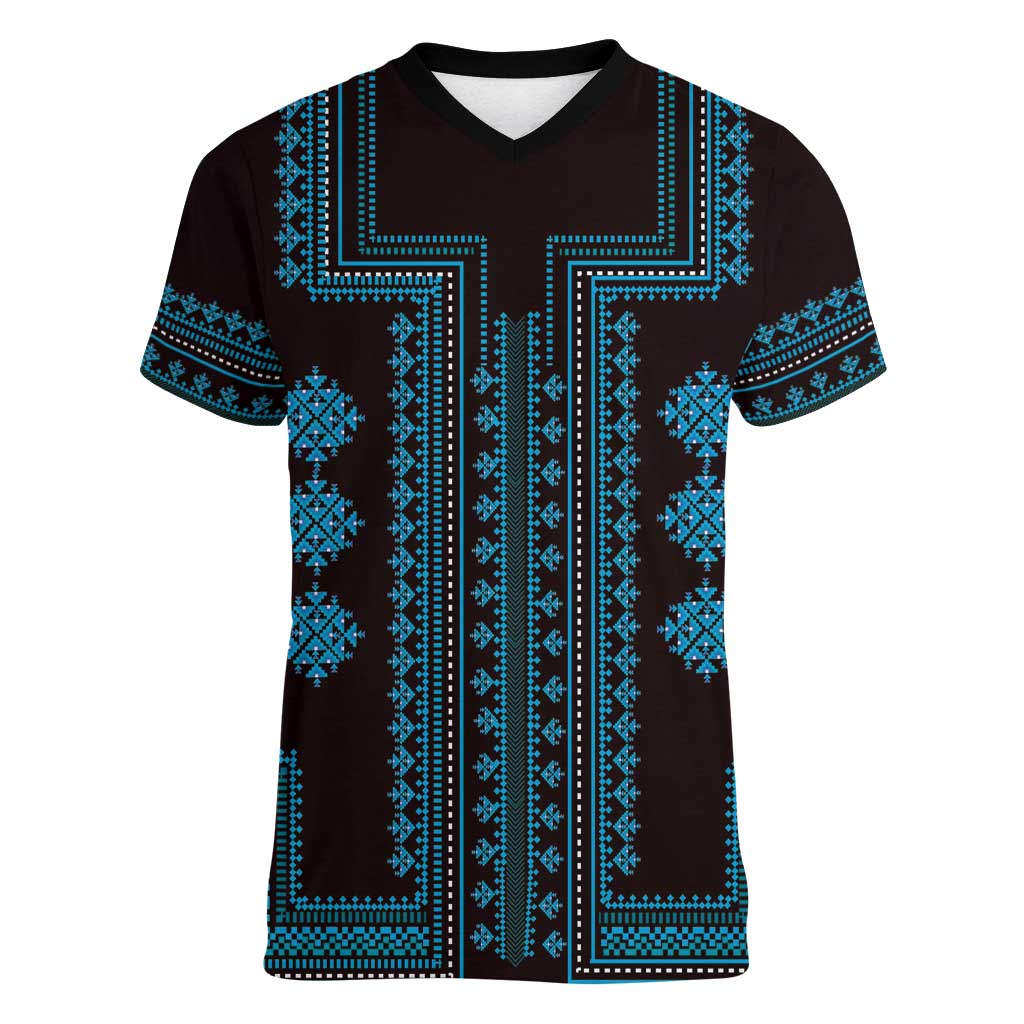 Bulgaria Traditional Pattern Blue Women V-Neck T-Shirt Balkan Culture - Wonder Print Shop