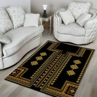 Black area rug with gold lattice and stepped geometric border accents